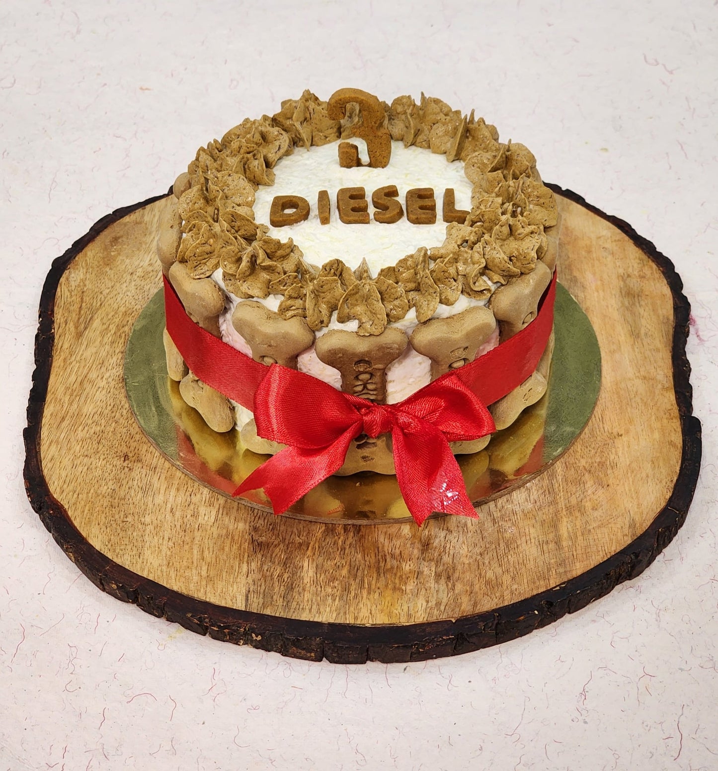 Tall chicken and peanut butter flavored dog birthday cake made in Dehradun