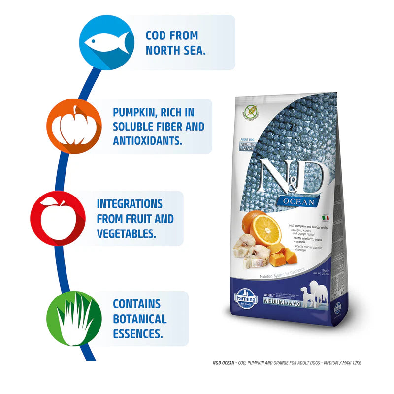 N&D Ocean Codfish & Orange | Adult Medium Maxi | Dry Dog Food | 2.5 kg