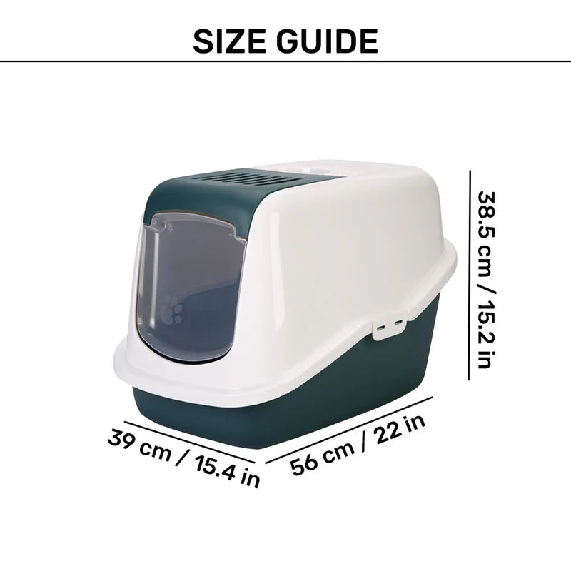 Cat litter box with dimensions labeled on a white background