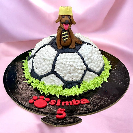 Football-shaped dog birthday cake with custom dog figure topper made in Dehradun