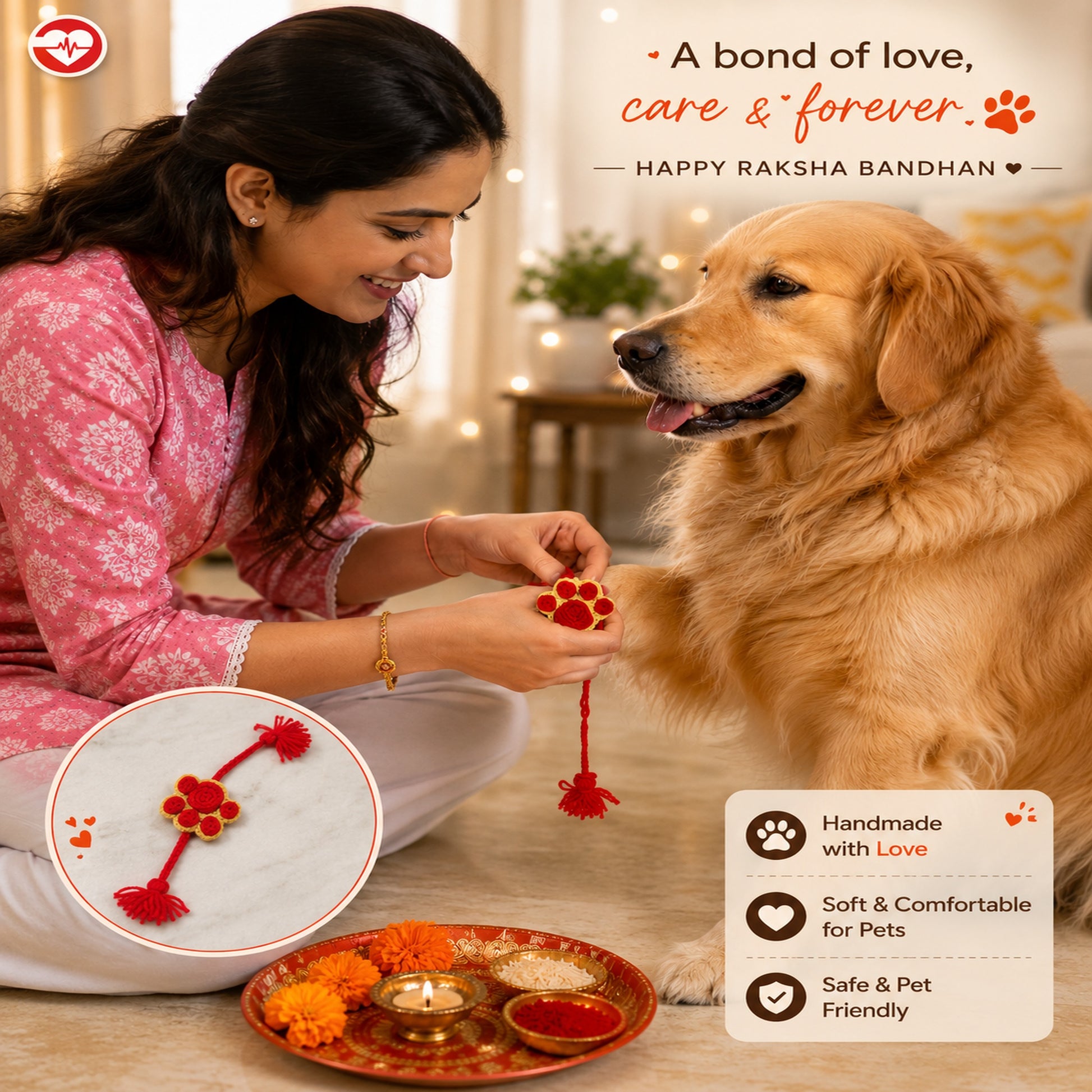 Image Alt Text:
Handmade red and yellow pet rakhi for dogs and cats in Dehradun – Oh My Pets