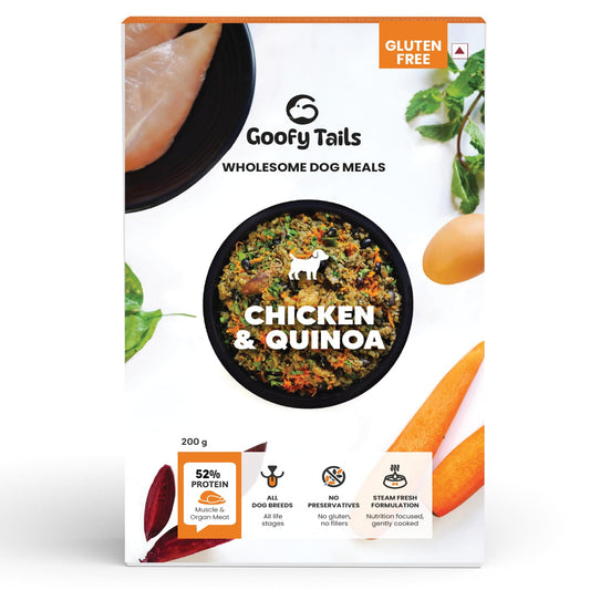 Goofy Tails Chicken and Quinoa ready-to-eat dog food 200gm pack. Order on WhatsApp in Dehradun.