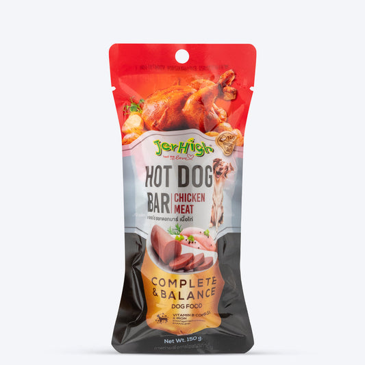 Dog food package with chicken imagery on a white background