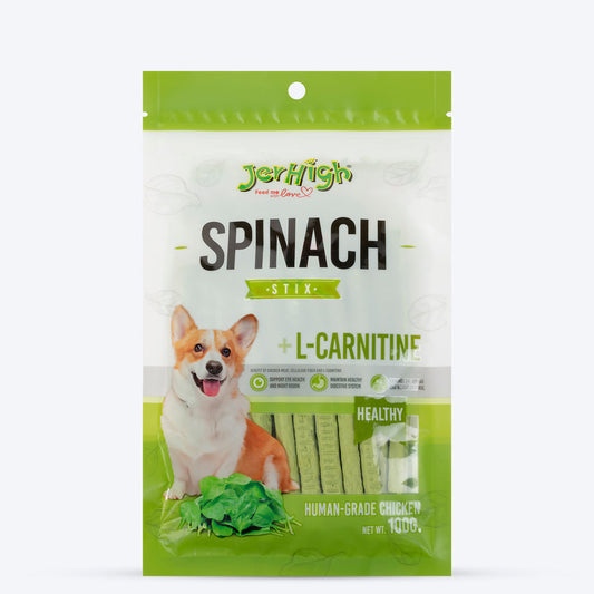 Treats package of Jerhigh Spinach Stix