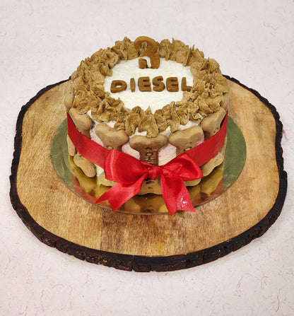 Tall chicken and peanut butter flavored dog birthday cake made in Dehradun