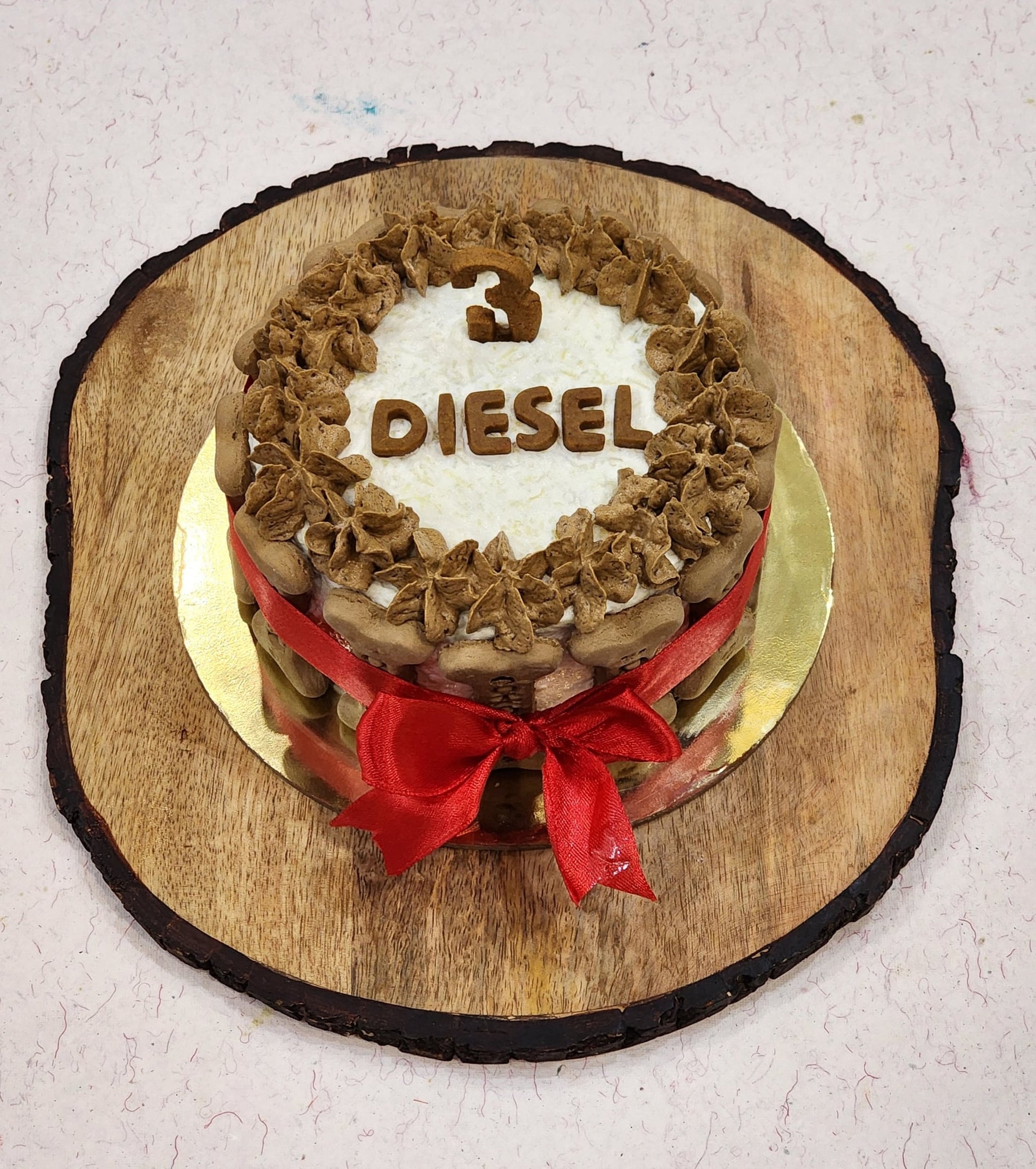Tall chicken and peanut butter flavored dog birthday cake made in Dehradun pet bakery