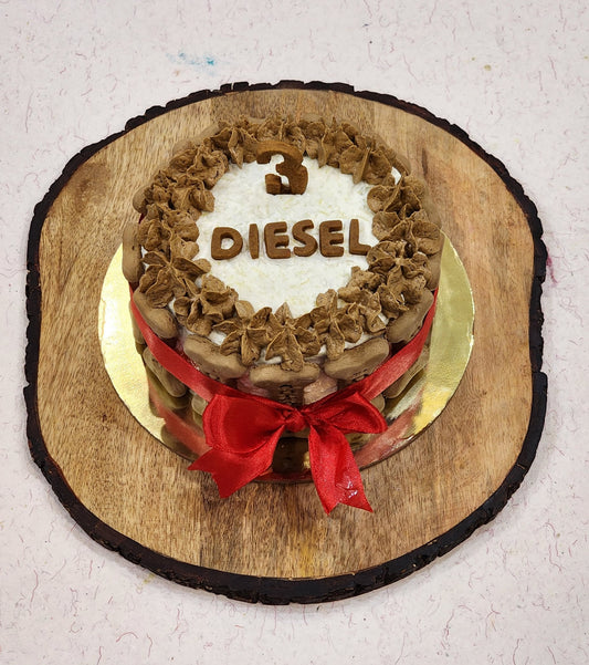 Tall chicken and peanut butter flavored dog birthday cake made in Dehradun pet bakery