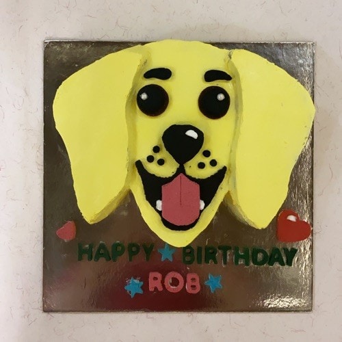A decorative cake designed to look like a happy dog's face with a birthday message in Dehradun.